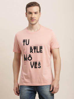 Turtle - Men Knitted Peach Printed Slim Fit Crew Neck T-Shirt