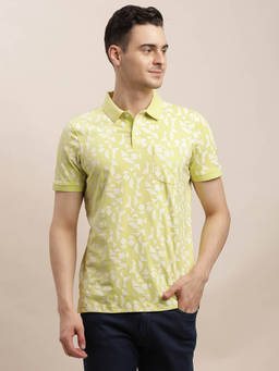 Turtle - Men Cotton Stretch Lemon Yellow Printed Slim Fit Polo T-Shirt
