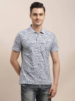 Turtle - Men Cotton Stretch Light Grey Printed Slim Fit Polo T-Shirt