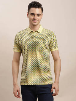 Turtle - Men Cotton Stretch Yellow Printed Slim Fit Polo T-Shirt