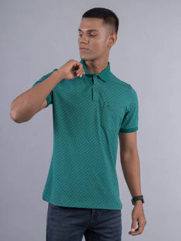 Turtle - Men Cotton Stretch Green Printed Slim Fit Polo T-Shirt