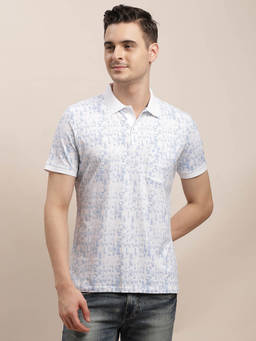 Turtle - Men Cotton Stretch White Printed Slim Fit Polo T-Shirt