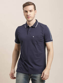 Turtle - Men Cotton Stretch Navy Blue Solid Slim Fit Polo T-Shirt