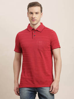 Turtle - Men Pure Cotton Red Dobby Slim Fit Polo T-Shirt