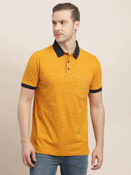 Turtle - Men Pure Cotton Yellow Printed Slim Fit Polo T-Shirt