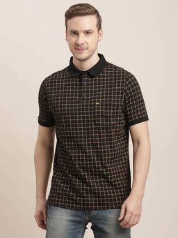 Turtle - Men Pure Cotton Black Checks Printed Slim Fit Polo T-Shirt