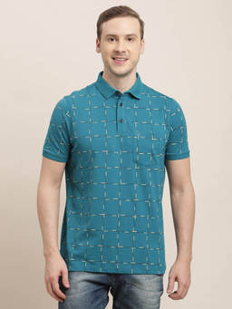 Turtle - Men Pure Cotton Blue Checks Printed Slim Fit Polo T-Shirt