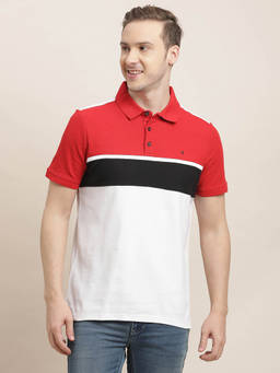 Turtle - Men Knitted Red and White Colorblock Slim Fit Polo T-Shirt