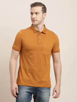 Turtle - Men Pure Cotton Mustard Checks Printed Slim Fit Polo T-Shirt