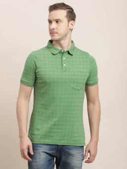 Turtle - Men Pure Cotton Green Checks Printed Slim Fit Polo T-Shirt