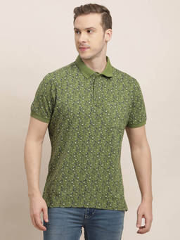 Turtle - Men Cotton Stretch Green Printed Slim Fit Polo T-Shirt