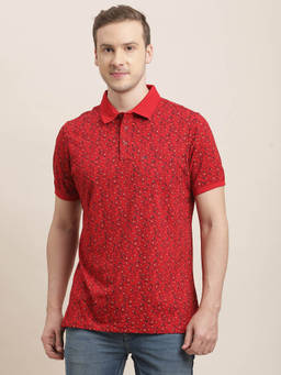 Turtle - Men Cotton Stretch Red Printed Slim Fit Polo T-Shirt