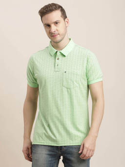 Turtle - Men Cotton Stretch Pista Green Printed Slim Fit Polo T-Shirt