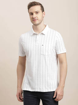 Turtle - Men Cotton Stretch White Stripe Slim Fit Polo T-Shirt