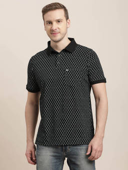 Turtle - Men Cotton Stretch Black Printed Slim Fit Polo T-Shirt