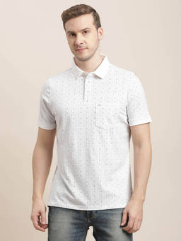 Turtle - Men Cotton Stretch White Printed Slim Fit Polo T-Shirt