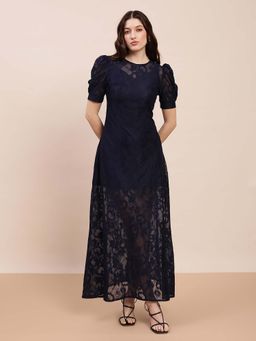 Globus - Women Navy Blue Round Floral Lace A-Line Dress