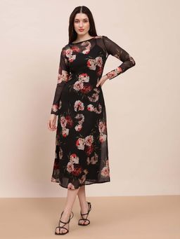 Globus - Women Black Boat Neck Floral Print Dress