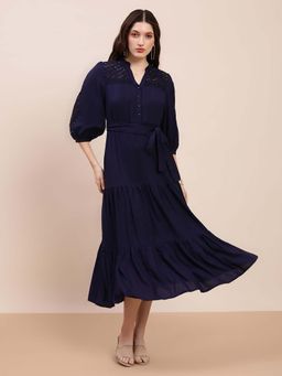 Globus - Women Blue A-Line Dress with Belt