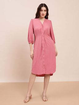 Globus - Women Pink V-Neck Pleated Shirt Style Dress