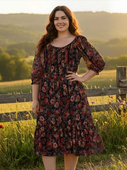 Globus - Women Black Floral Print Plus Size Fit and Flare Dress