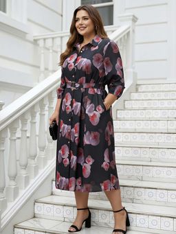 Globus - Women Black Floral Print Plus Size Dress With Belt