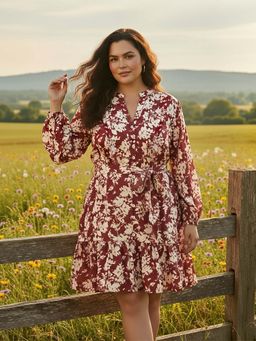 Globus - Women Maroon Printed Plus Size Dress With Belt