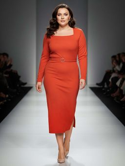 Globus - Women Rust Plus Size Dress with Belt