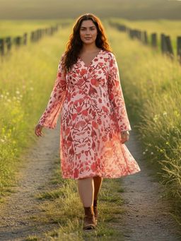 Globus - Women Orange V-neck Floral Print Plus Size Dress