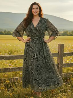 Globus - Women Multi-Color V-neck Printed Plus Size Dress with Belt