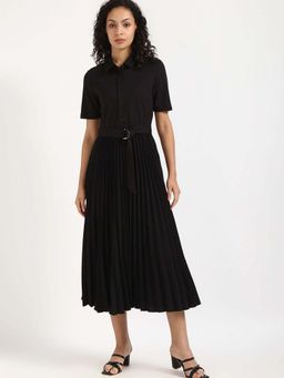 Tommy Hilfiger - Black Spread Collar A-Line Dress with Belt