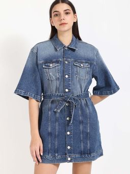 Tommy Hilfiger - Cotton Spread Collar Denim Dress with Belt