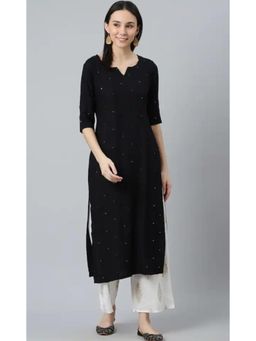 Miravan - Womens Black Embroidered And Mirror Work Straight Kurta