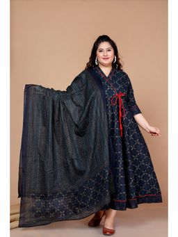 Miravan - Womens Plus Size Navy Blue Printed Angarkha Kurta with Dupatta (Set of 2)