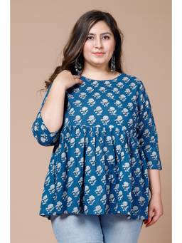 Miravan - Womens Blue Plus Size Cotton Floral Printed Short Kurti