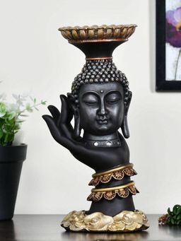 At Home by Nilkamal - Buddha on Stand Candle Stand|Set of I|Size - 14 cm x 27 cm|Black & Gold