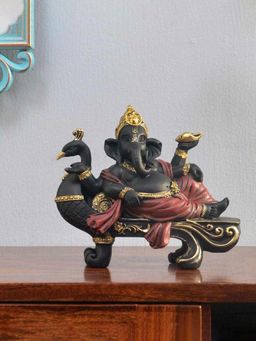 At Home by Nilkamal - Ganesha on Throne Showpiece|Set of I |Size - 18 cm x 16 cm|Black, Red & Gold