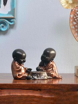 At Home by Nilkamal - Baby Monks Playing Showpiece Gold