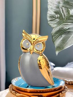 At Home by Nilkamal - Ceramic Owl Showpiece|Set of I |Size - 13 cm x 19 cm|Mustard Gold & Grey