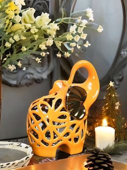 At Home by Nilkamal - Ceramic Cutwork Elephant Showpiece|Set of I |Size - 20 cm x 24 cm|Mustard & Gold
