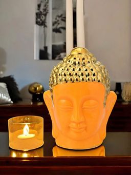 At Home by Nilkamal - Ceramic Buddha Face Showpiece|Set of I |Size - 12 cm x 16 cm|Mustard & Gold