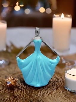 At Home by Nilkamal - Ceramic Girl Holding Dress Showpiece|Set of I |Size - 18 cm x 24 cm|Seagreen & Silver