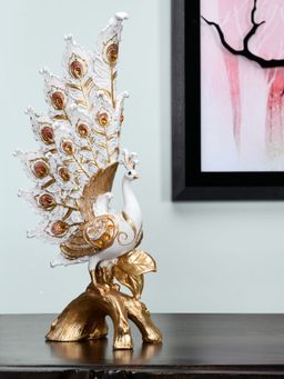 At Home by Nilkamal - Peacock On Stand Showpiece White & Gold