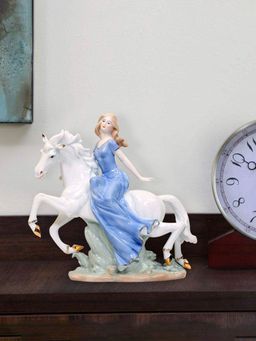 At Home by Nilkamal - Lady On Horse Ceramic Showpiece - Blue and White