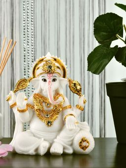 At Home by Nilkamal - Ganesha On Cushion Showpiece White & Gold