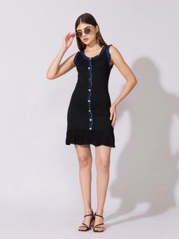 SHOWOFFFF - Women Ribbed Black Mini Contrast Trim Dress