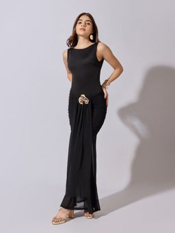 SHOWOFFFF - Women Ruched Black Maxi Sheer Mesh Hem Dress