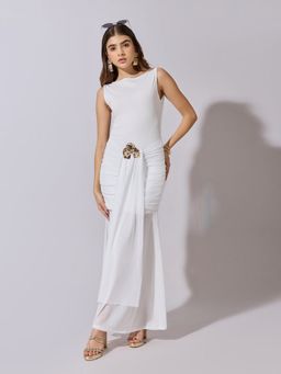 SHOWOFFFF - Women Ruched White Maxi Sheer Mesh Hem Dress