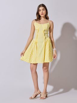 SHOWOFFFF - Women Checked Yellow Fit and Flare Mini Dress