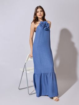 SHOWOFFFF - Women Blue Halter Neck Maxi 3D Floral Applique Dress